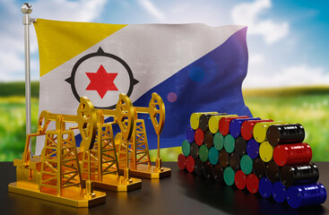 The Bonaire's petroleum market. Oil pump made of gold and barrels of metal. The concept of oil production, storage and value. Bonaire flag in background.  3d Rendering.