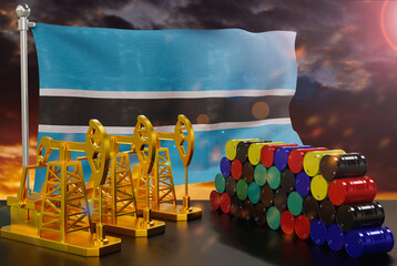 The Botswana's petroleum market. Oil pump made of gold and barrels of metal. The concept of oil production, storage and value. Botswana flag in background.  3d Rendering.