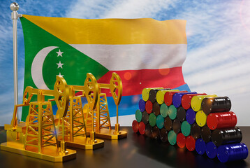 The Comoros's petroleum market. Oil pump made of gold and barrels of metal. The concept of oil production, storage and value. Comoros flag in background.  3d Rendering.