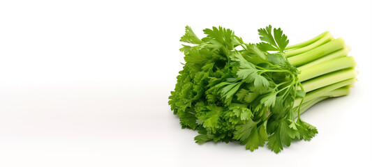 bunch of celery on a white background, top view. Generative Ai