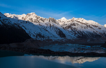 Fototapeta na wymiar snow mountain reflection on green lake