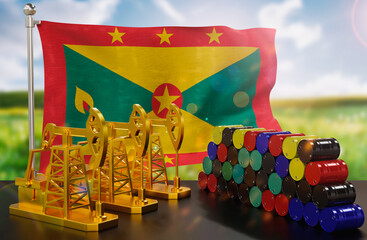 The Grenada's petroleum market. Oil pump made of gold and barrels of metal. The concept of oil production, storage and value. Grenada flag in background.  3d Rendering.