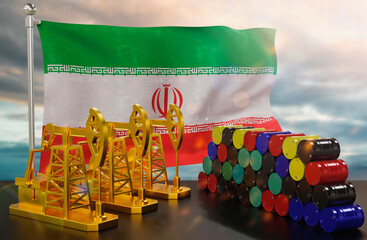 The Iran's petroleum market. Oil pump made of gold and barrels of metal. The concept of oil production, storage and value. Iran flag in background.  3d Rendering.