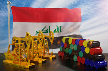The Iraq's petroleum market. Oil pump made of gold and barrels of metal. The concept of oil production, storage and value. Iraq flag in background.  3d Rendering.
