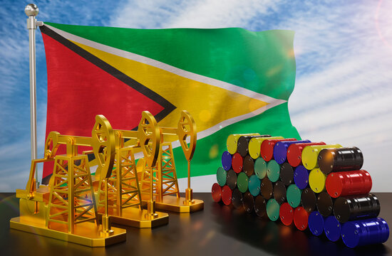 The Guyana's petroleum market. Oil pump made of gold and barrels of metal. The concept of oil production, storage and value. Guyana flag in background.  3d Rendering.