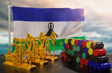 The Lesotho's petroleum market. Oil pump made of gold and barrels of metal. The concept of oil production, storage and value. Lesotho flag in background.  3d Rendering.