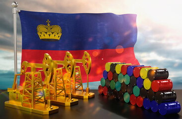 The Liechtenstein's petroleum market. Oil pump made of gold and barrels of metal. The concept of oil production, storage and value. Liechtenstein flag in background.  3d Rendering.