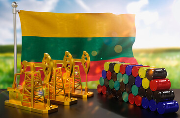The Lithuania's petroleum market. Oil pump made of gold and barrels of metal. The concept of oil production, storage and value. Lithuania flag in background.  3d Rendering.