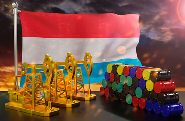 The Luxembourg's petroleum market. Oil pump made of gold and barrels of metal. The concept of oil production, storage and value. Luxembourg flag in background.  3d Rendering.