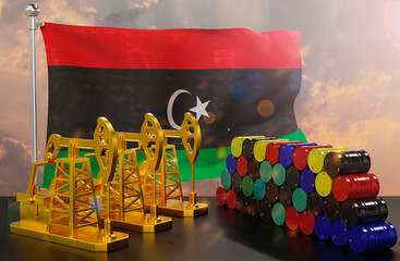 The Lybia's petroleum market. Oil pump made of gold and barrels of metal. The concept of oil production, storage and value. Lybia flag in background.  3d Rendering.