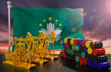 The Macau's petroleum market. Oil pump made of gold and barrels of metal. The concept of oil production, storage and value. Macau flag in background.  3d Rendering.