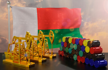 The Madagascar's petroleum market. Oil pump made of gold and barrels of metal. The concept of oil production, storage and value. Madagascar flag in background.  3d Rendering.