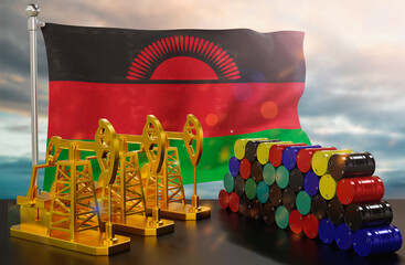 The Malawi's petroleum market. Oil pump made of gold and barrels of metal. The concept of oil production, storage and value. Malawi flag in background.  3d Rendering.
