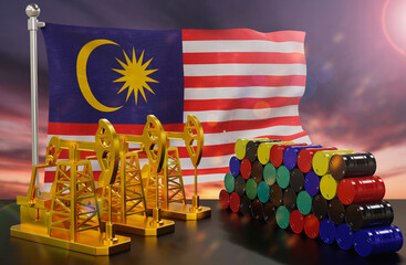The Malaysia's petroleum market. Oil pump made of gold and barrels of metal. The concept of oil production, storage and value. Malaysia flag in background.  3d Rendering.