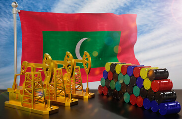 The Maldives's petroleum market. Oil pump made of gold and barrels of metal. The concept of oil production, storage and value. Maldives flag in background.  3d Rendering.
