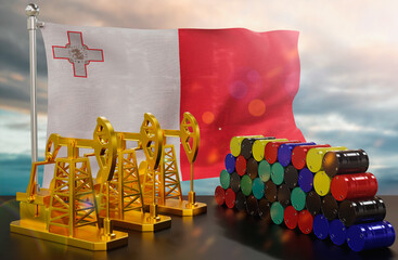 The Malta's petroleum market. Oil pump made of gold and barrels of metal. The concept of oil production, storage and value. Malta flag in background.  3d Rendering.
