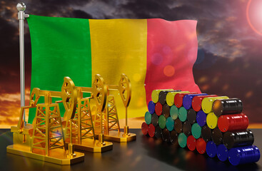 The Mali's petroleum market. Oil pump made of gold and barrels of metal. The concept of oil production, storage and value. Mali flag in background.  3d Rendering.