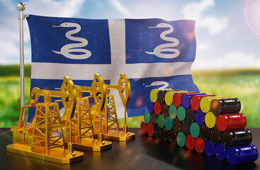 The Martinique's petroleum market. Oil pump made of gold and barrels of metal. The concept of oil production, storage and value. Martinique flag in background.  3d Rendering.