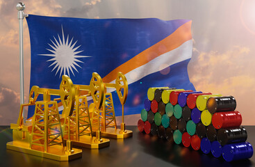 The Marshall Islands's petroleum market. Oil pump made of gold and barrels of metal. The concept of oil production, storage and value. Marshall Islands flag in background.  3d Rendering.