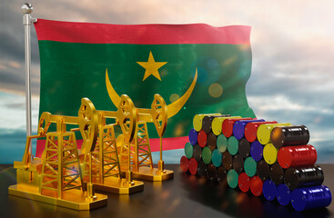 The Mauritania's petroleum market. Oil pump made of gold and barrels of metal. The concept of oil production, storage and value. Mauritania flag in background.  3d Rendering.