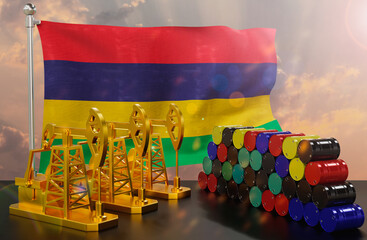 The Mauritius's petroleum market. Oil pump made of gold and barrels of metal. The concept of oil production, storage and value. Mauritius flag in background.  3d Rendering.