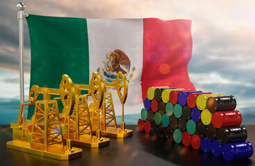 The Mexico's petroleum market. Oil pump made of gold and barrels of metal. The concept of oil production, storage and value. Mexico flag in background.  3d Rendering.