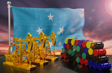The Micronesia's petroleum market. Oil pump made of gold and barrels of metal. The concept of oil production, storage and value. Micronesia flag in background.  3d Rendering.