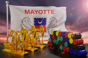 The Mayotte's petroleum market. Oil pump made of gold and barrels of metal. The concept of oil production, storage and value. Mayotte flag in background.  3d Rendering.