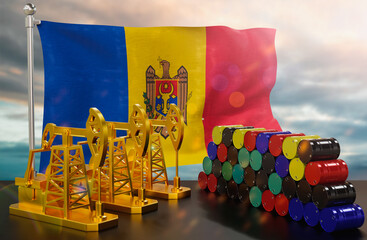 The Moldova's petroleum market. Oil pump made of gold and barrels of metal. The concept of oil production, storage and value. Moldova flag in background.  3d Rendering.