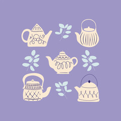 Cute teapots. Kitchen tools, cartoon teapot or kettle decorative ceramic. A hand-drawn set of flat-style tea ceremony elements. Stylish vector set.