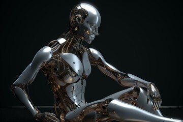 Detailed futuristic android studying its body, isolated on gray background. 3D rendering. Generative AI