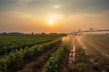 Irrigation system on agricultural soybean field - obrazy, fototapety, plakaty
