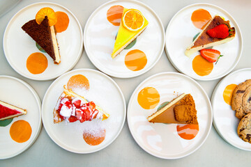 San sebastian ( Bask ) cheesecake slice isolated close up. Limon, lotus, fistikli, Frambuazli cheesecake