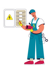 Professional electrician working with electrical work tools. Technicians services, professional man in uniform.