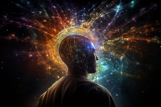 State of mind concept. Consciousness is a fundamental and ubiquitous aspect of the universe. Man portrait dark silhouette and consciousness represents colorful universe and space. Generative AI