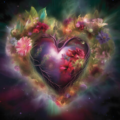Generative AI illustrations, Bouquet of colorful flowers in the shape of a heart. Greeting card design.