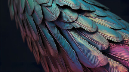 Obraz premium Abstract metallic angel feathered wings holographic rainbow colours background. A.I. generated. 