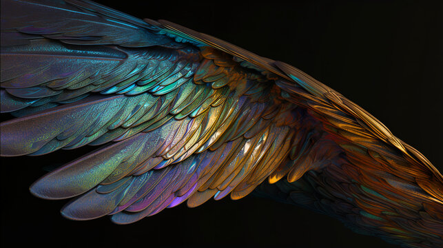 Abstract metallic angel feathered wings holographic rainbow colours background. A.I. generated.
