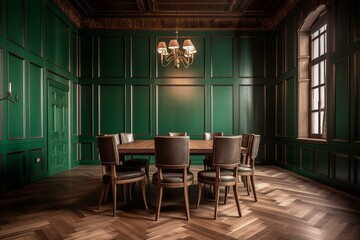 Fototapeta na wymiar Wooden chair and green paneling in a traditional meeting/dining room. Generative AI