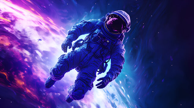 An astronaut floating through space. Below him is a glowing purple planet that contrasts with the blue void of the universe. Generative AI.