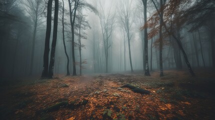 A forest filled with lots of trees covered in fog. Al generated