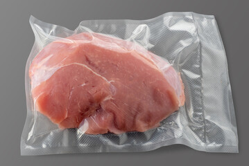 Raw turkey breast rump in vacuum-sealed package for sous vide cooking isolated on grey