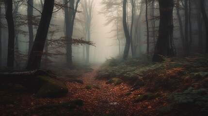 A forest filled with lots of trees covered in fog. Al generated
