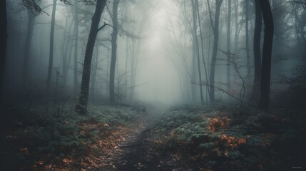 A forest filled with lots of trees covered in fog. Al generated