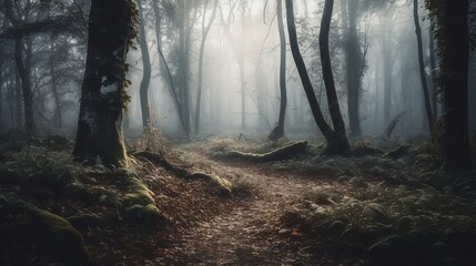 A forest filled with lots of trees covered in fog. Al generated - obrazy, fototapety, plakaty