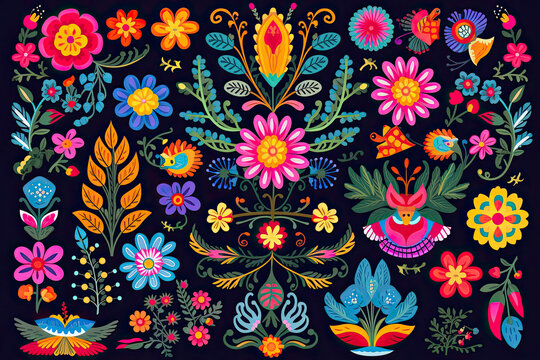 Mexican flowers and florals vector set of bright colorful blooming plants with Mexico ethnic or folk ornaments. Blossoms, flourishes and leaves of Mexican flowers, embroidery pattern or textile design