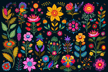 Fototapeta na wymiar Mexican flowers and florals vector set of bright colorful blooming plants with Mexico ethnic or folk ornaments. Blossoms, flourishes and leaves of Mexican flowers, embroidery pattern or textile design