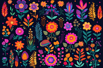 Mexican flowers and florals vector set of bright colorful blooming plants with Mexico ethnic or folk ornaments. Blossoms, flourishes and leaves of Mexican flowers, embroidery pattern or textile design - obrazy, fototapety, plakaty