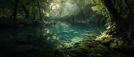 A magical photo of a natural pool nestled in the heart of a forest, generative Ai