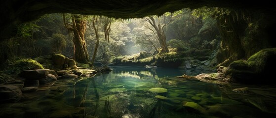 A magical photo of a natural pool nestled in the heart of a forest, generative Ai